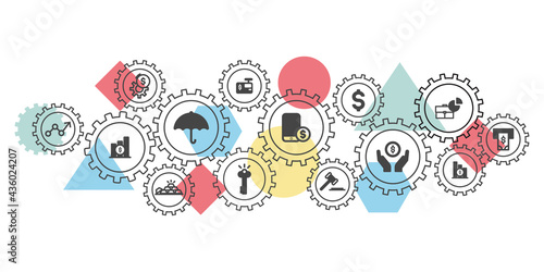 coins and business world vector illustration. Concept with linked icons related to business and development