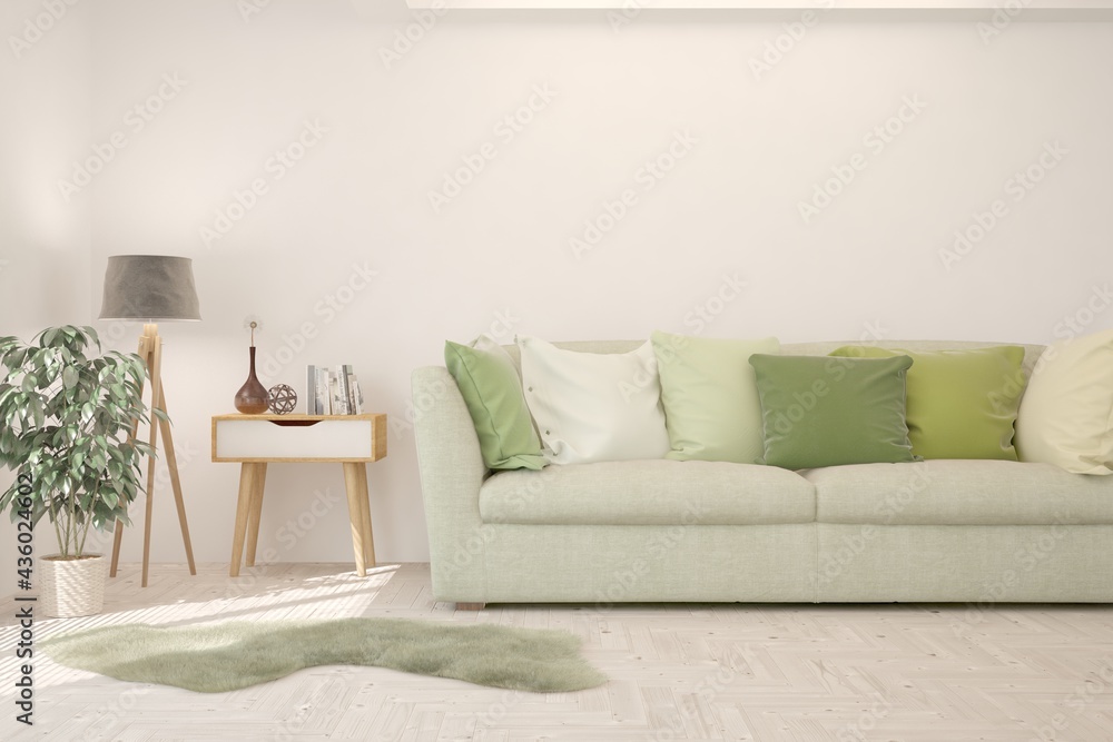 Stylish room in white color with sofa. Scandinavian interior design. 3D illustration Stylish room in white color with sofa. Scandinavian interior design. 3D illustration