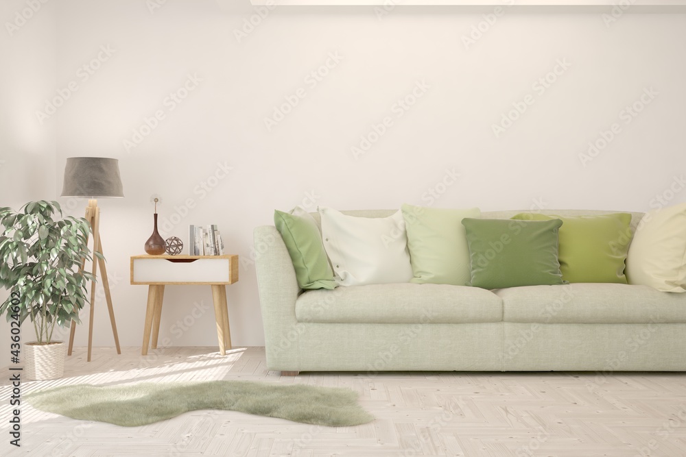 Stylish room in white color with sofa. Scandinavian interior design. 3D illustration