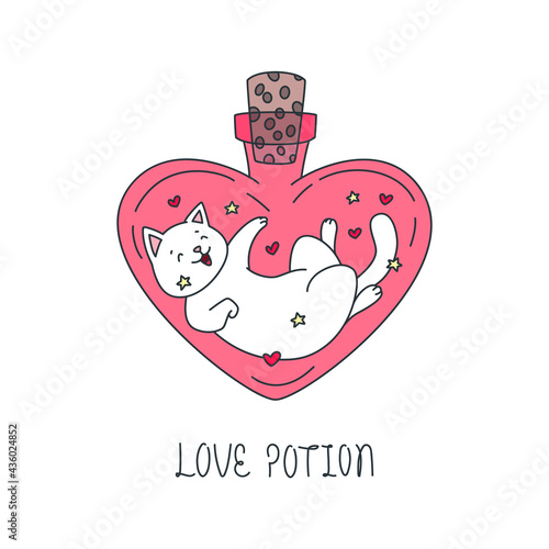 Love Potion. Illustration of a cute white cat sitting in the heart shaped magic bottle. Vector 10 EPS.