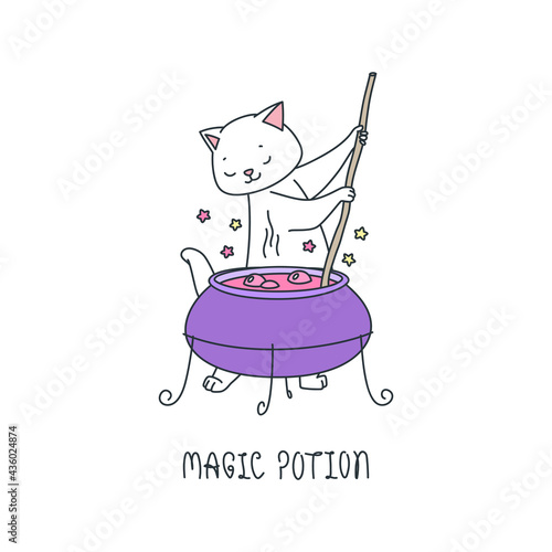 Magic Potion. Illustration of a cute white cat making magic potion in a big cauldron. Vector 10 EPS.