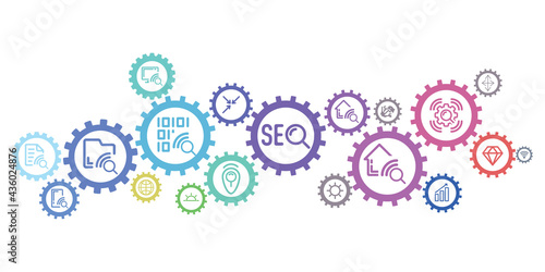 Seo vector illustration business world.Concept with linked icons related to consulting or coaching, growth development or skill development