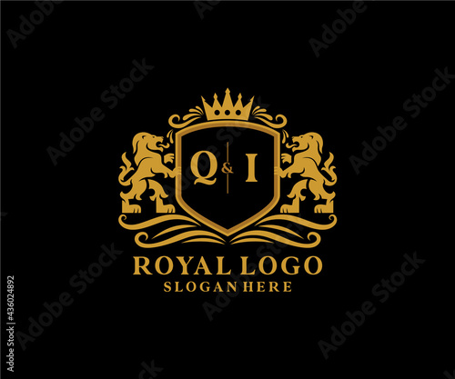 Initial QI Letter Lion Royal Luxury Logo template in vector art for Restaurant, Royalty, Boutique, Cafe, Hotel, Heraldic, Jewelry, Fashion and other vector illustration.