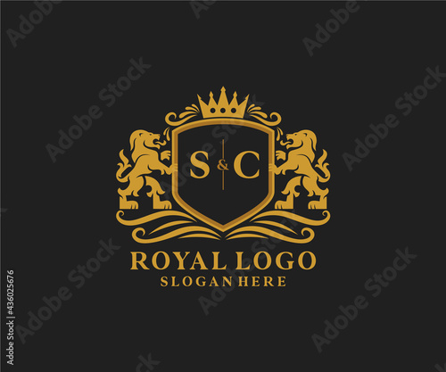Initial SC Letter Lion Royal Luxury Logo template in vector art for Restaurant, Royalty, Boutique, Cafe, Hotel, Heraldic, Jewelry, Fashion and other vector illustration.