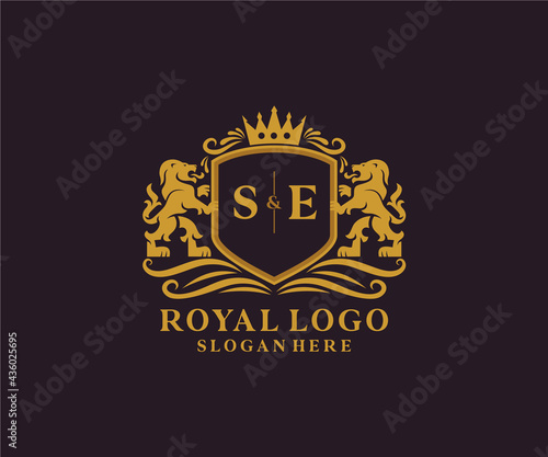 Initial SE Letter Lion Royal Luxury Logo template in vector art for Restaurant, Royalty, Boutique, Cafe, Hotel, Heraldic, Jewelry, Fashion and other vector illustration.