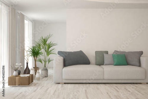 White living room with sofa. Scandinavian interior design. 3D illustration