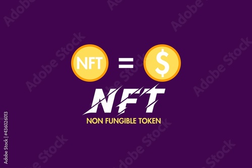 No fungible Token unique cryptocurrency. Vector illustration banner volcano erupts in NFT coins.  photo