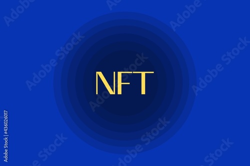 NFT nonfungible token text in the center of the spiral of glowing dots on dark blue background. Pay for unique collectibles in art and game elements. For the banner, news. Vector illustration.