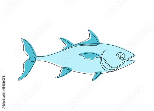 Fish one line drawing. Continuous line art of tuna, salmon, mackerel fish for logo, print, posters, banners. Minimal vector illustration