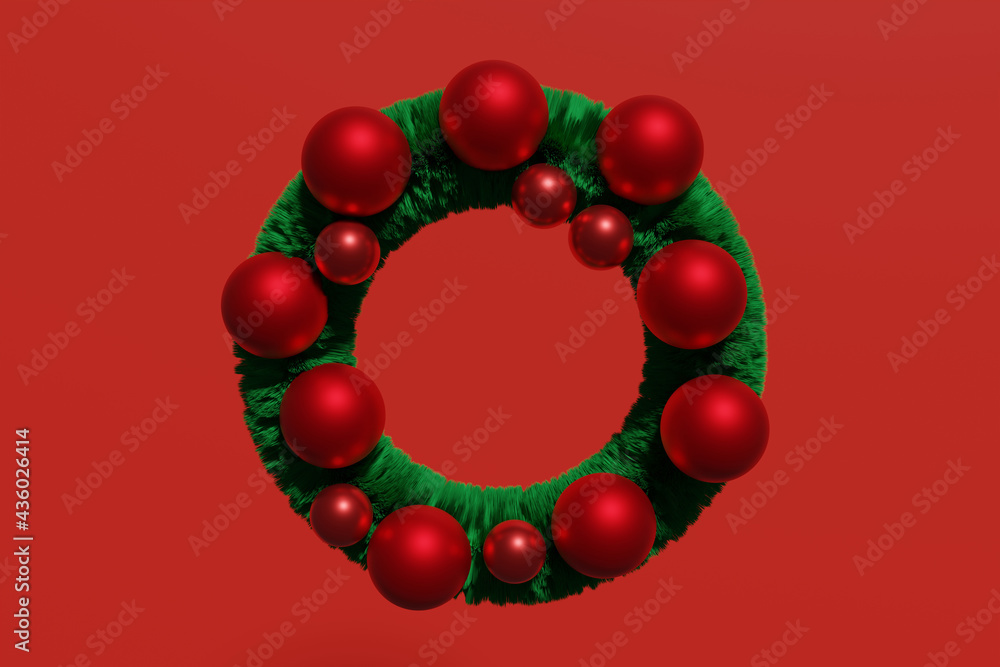 3d render of green Christmas wreath with shiny red baubles on a red background 3d render of green Christmas wreath with shiny red baubles on a red background