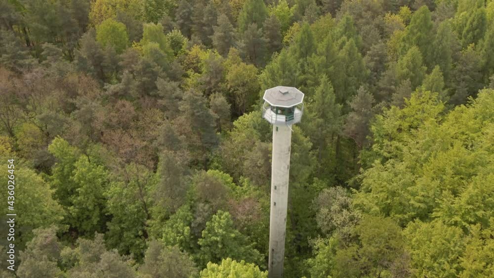 Tall fire lookout tower springs up from among Olkusz Forest, Poland - Aerial Tall fire lookout tower springs up from among Olkusz Forest, Poland - Aerial