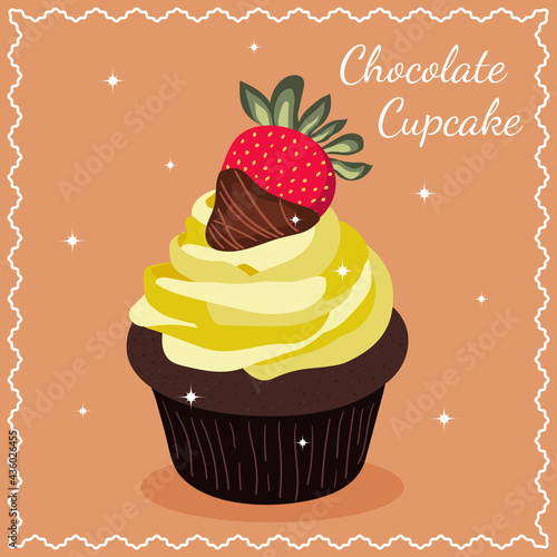 Chocolate cupcake with strawberry and banana cream  vector illustration