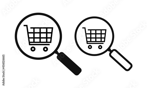 Shopping cart with magnifying glass. Find market. Magnifier glass with trolley icon. Buy online. Illustration vector