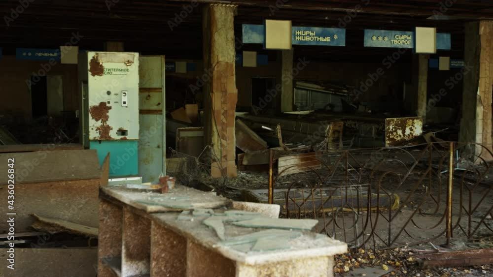 Destroyed in nuclear disaster, department store building Pripyat, pan left view Destroyed in nuclear disaster, department store building Pripyat, pan left view