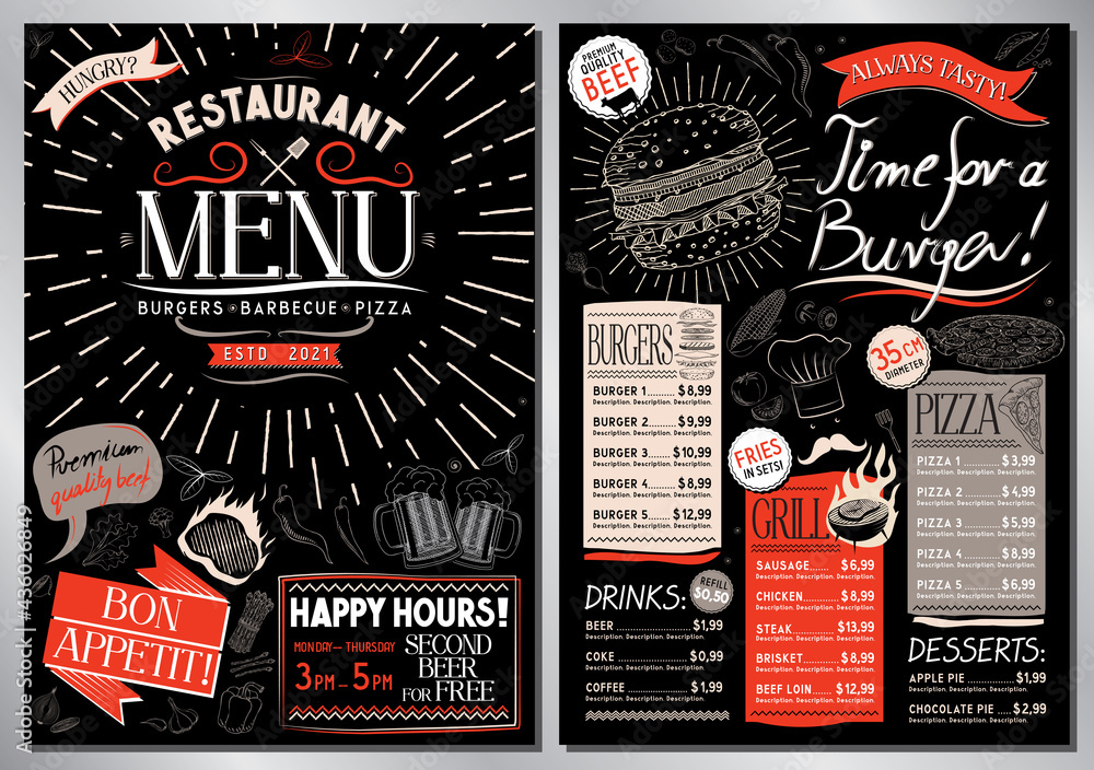 Grill restaurant menu template - A4 card (burgers, grill, pizza, drinks, desserts)
