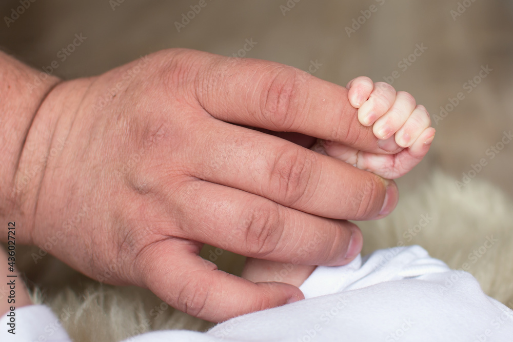 Little newborn baby is holding big man finger. Kid care and protection concept. Little newborn baby is holding big man finger. Kid care and protection concept.