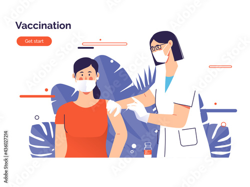 Vector illustration depicting a female doctor vaccinates a woman patient against coronavirus