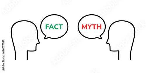 Facts myths sign. Human silhouettes speak of facts and myths.True or false facts bubble. Concept of thorough fact-checking or easy compare evidence. Illustration vector