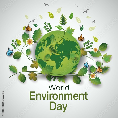 world environment day with earth, levees, flowers, butterfly's. vector illustration design  