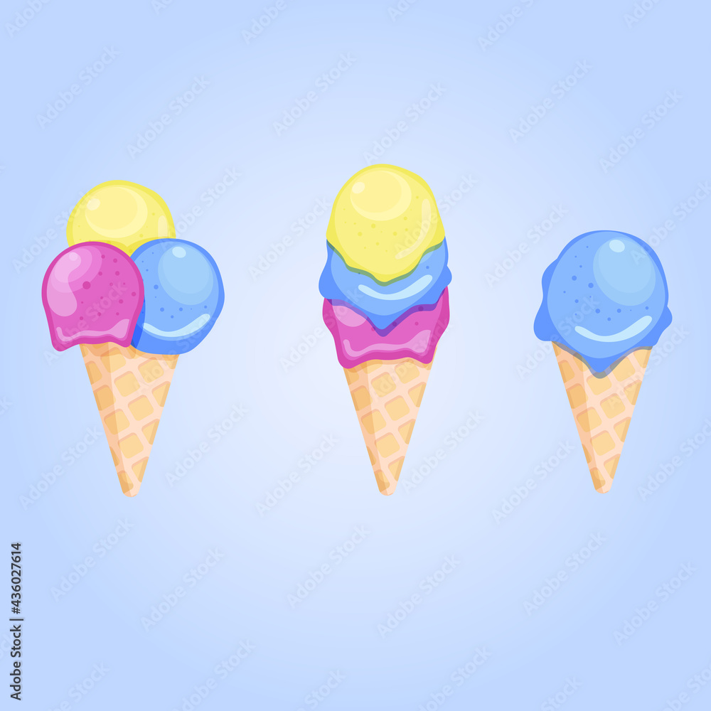 Ice cream set. Ice cream sundae with balls. Summer and heat. Poster, banner, poster and ice cream. Summer Cafe.