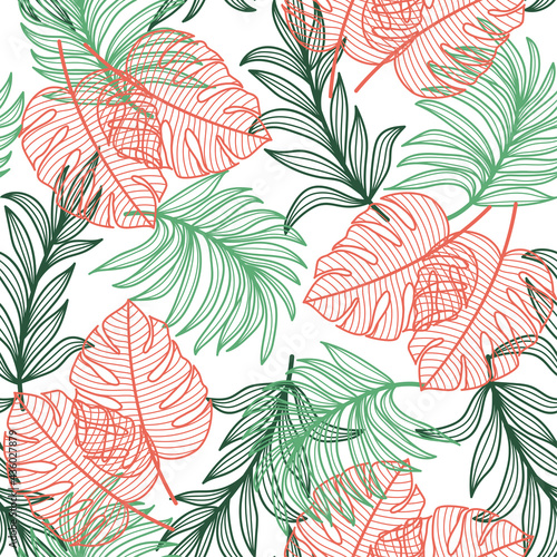 Seamless fashion tropical pattern with bright colorful plants and leaves on a...