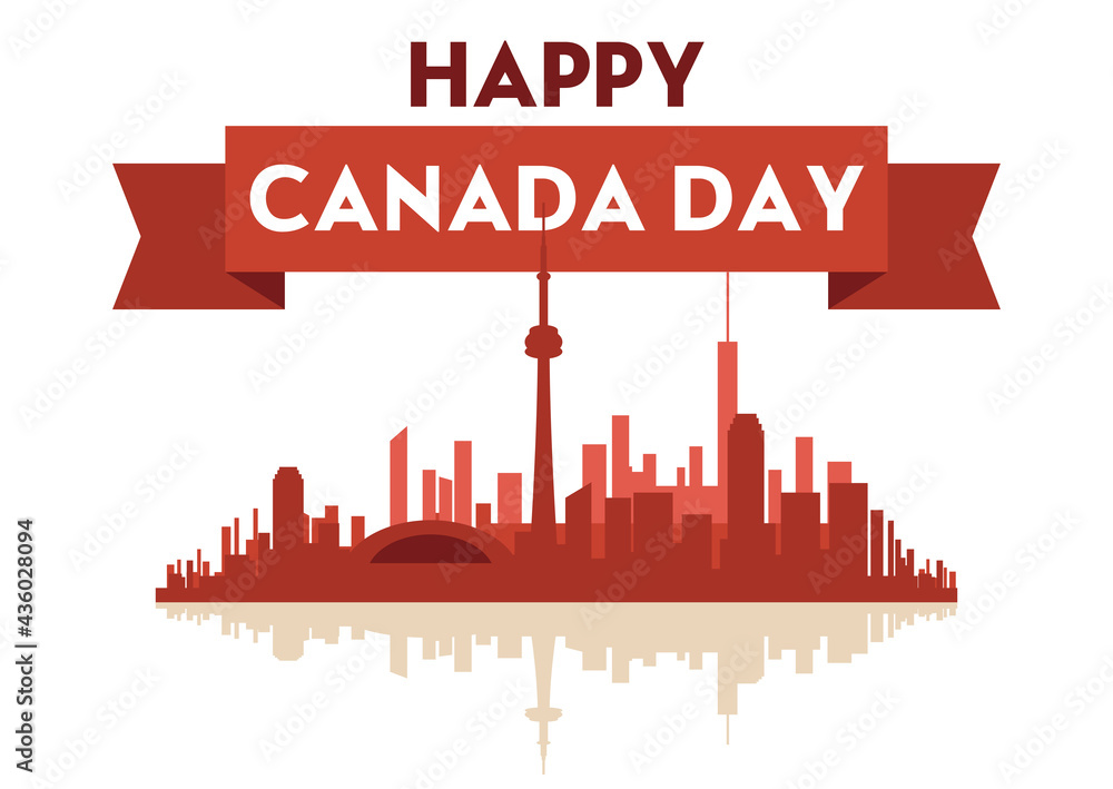 Celebrate the national day of Canada. Red canadian city with lettering Happy Canada day. Greeting card, poster for national celebration party, independence day, travel banner