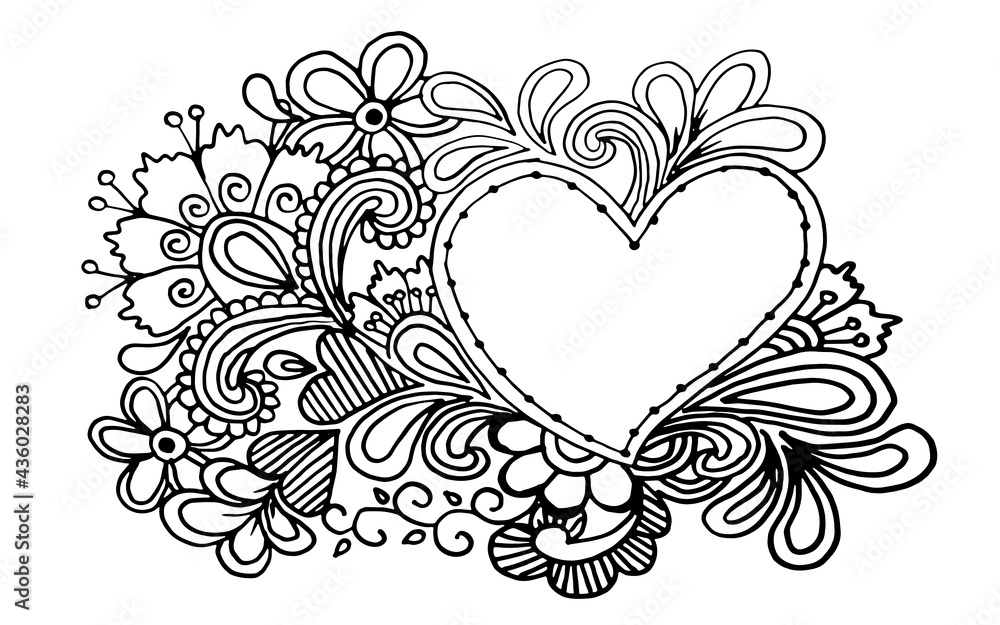 heart with ornament coloring page, flower coloring page,love coloring page,