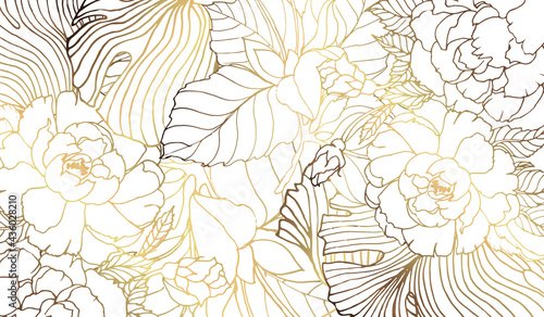 Luxury golden leaves vector wallpaper. Golden plant with flowers and leaves, on a white background. Vector illustration.