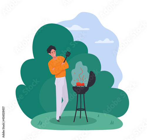 A man standing near a bbq, cooking meat steak, waiting. Barbecue, grill. Summer trees on the background. A vector cartoon illustration.