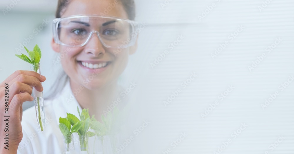 Composition of caucasian female scientist holding plant in test tube with copy space
