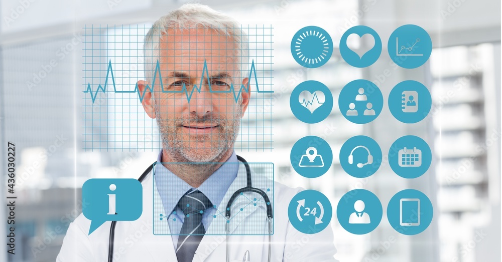 Composition of smiling senior male doctor viewing virtual medical research data interface screen Composition of smiling senior male doctor viewing virtual medical research data interface screen