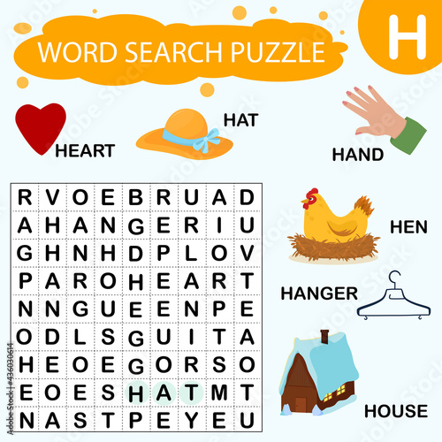 Vector educational game for kids. A puzzle for finding words starting with the letter H