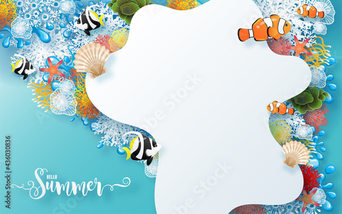Summer time holiday vector design  with  beach, colorful under the sea, sand, coral, fish, shell, and elements paper cut with craft style on background color .