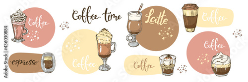 Different coffee drinks on the white background. Coffee time.