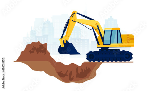 Vector of a construction site with excavator moving with raised shovel digging soil