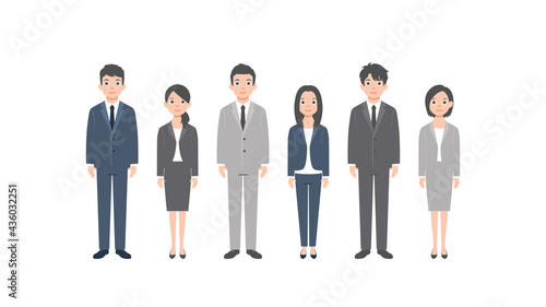 Business asian team. Vector illustration of diverse cartoon men and women in office outfits. Isolated on white background. Colorful vector illustration in flat style