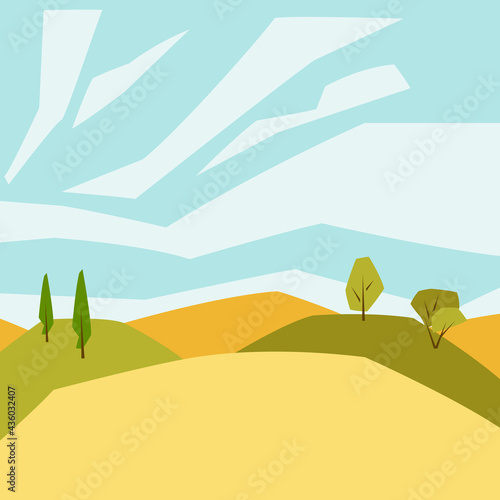Autumn landscape with trees and hills. Seasonal background.