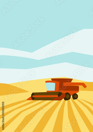 Combine harvester on wheat field. Agricultural illustration farm rural landscape.