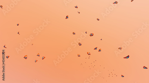A large number of colorful butterflies flying around on the orange background