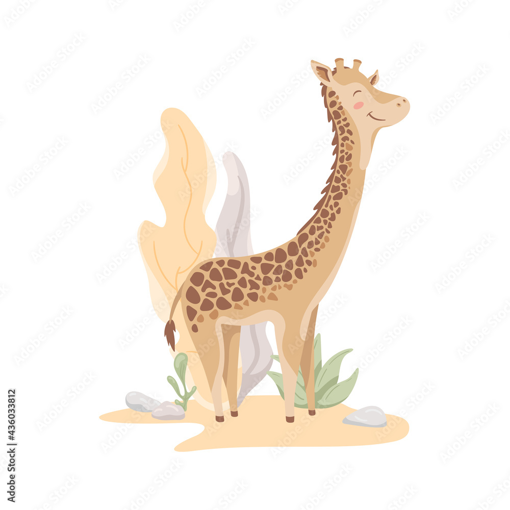 Obraz premium Happy giraffe on abstract desert landscape with tropical leaves. Cute wild spotted animal. Kids print, nursery illustration. Zoo, African character.