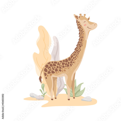 Happy giraffe on abstract  desert landscape with tropical leaves. Cute wild spotted animal. Kids print, nursery illustration. Zoo, African  character.