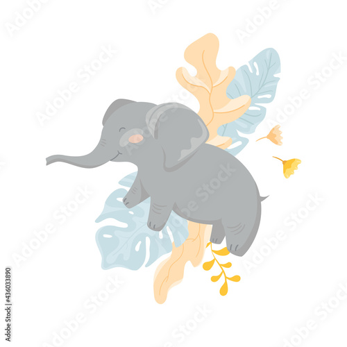 Funny elephant with abstract tropical leaves and flowers. Cute wild animal. Kids print, poster, card. Vector summer illustration.