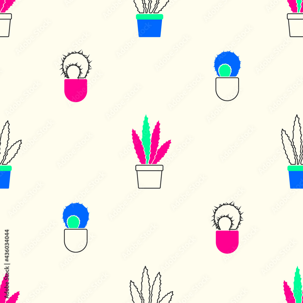 Seamless pattern with cactus and aloe in a pot. Vector hand-drawn illustration. For fabric, cover, background, textile, wallpaper. Seamless pattern with cactus and aloe in a pot. Vector hand-drawn illustration. For fabric, cover, background, textile, wallpaper.