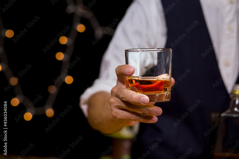 Bartender Serve Whiskey, on wood bar, 