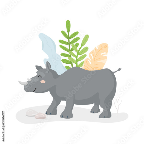 Cute smiling rhinoceros. Big wild african animal. Happy character with tropical leaves on background. Vector kids print, nursery illustration.