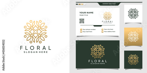 Floral logo design with line art style and business card design Premium Vector