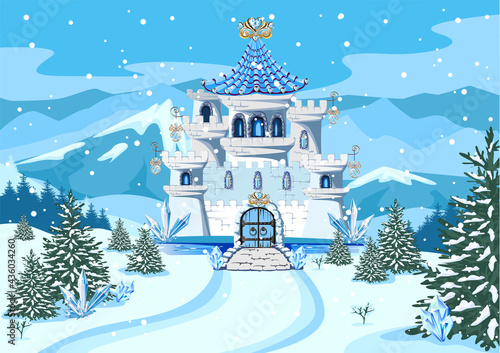 Fairy tale blue castle for a beautiful princess and prince with towers and blue crystals. Vector illustration of a magic castle on a winter background with mountains and snowfall.