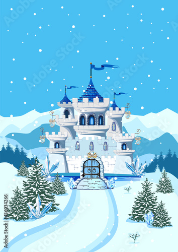 Fairy tale blue castle for a beautiful princess and prince with towers and blue crystals. Vector illustration of a magic castle on a winter background with mountains and snowfall.