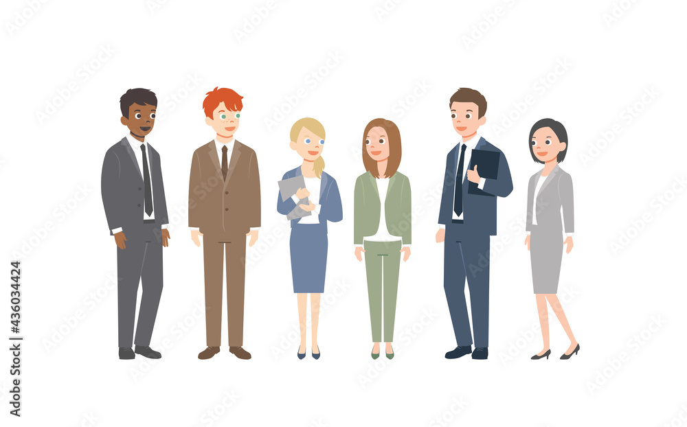 Business multinational team. Vector illustration of diverse cartoon men and women in office outfits. Isolated on white background. Colorful vector illustration in flat style