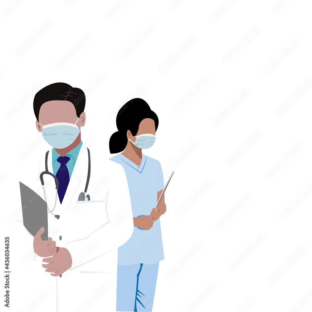 Close-up no face young Doctors uniform with blue necktie and stethoscope and young nurse in uniform wearing mask. Vector flat design concept for doctor’s day, Medical health greeting card or banner Close-up no face young Doctors uniform with blue necktie and stethoscope and young nurse in uniform wearing mask. Vector flat design concept for doctor’s day, Medical health greeting card or banner